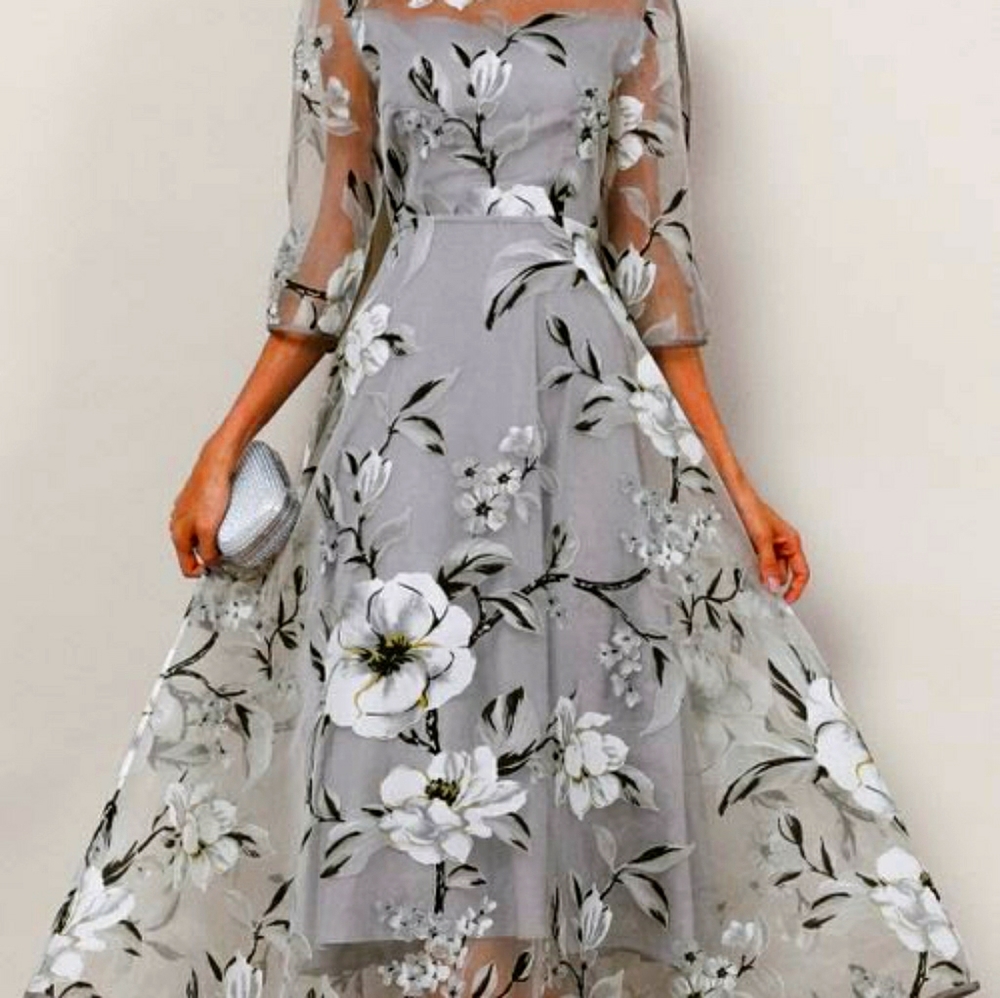  Elegant Floral Round Neckline Midi X-line Dress